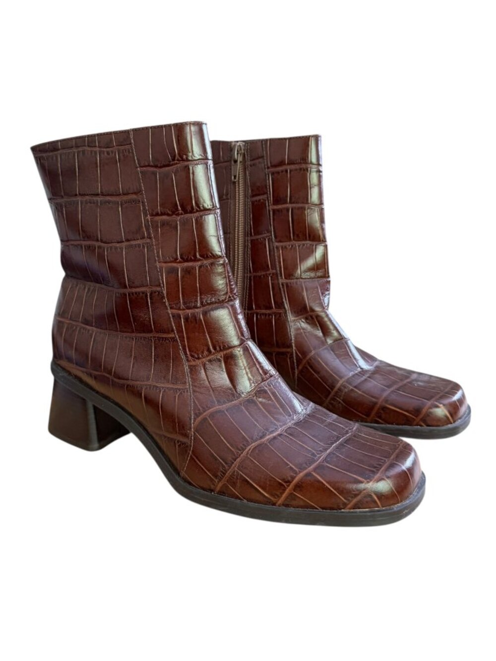 Naturalizer Western Croc Embossed Leather Square Toe Ankle Boots Brown Size 8